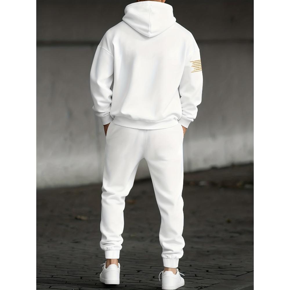Fashionable Men's Casual Suit with Flag Pattern Printed Drawstring Hoodie and Drawstring Sports Pants Set, Suitable for Outdoor Travel