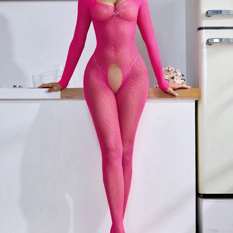 Sexy Long Sleeve Closed Crotch Perspective One Piece Fishnet Bodysuit Lingerie For Women
