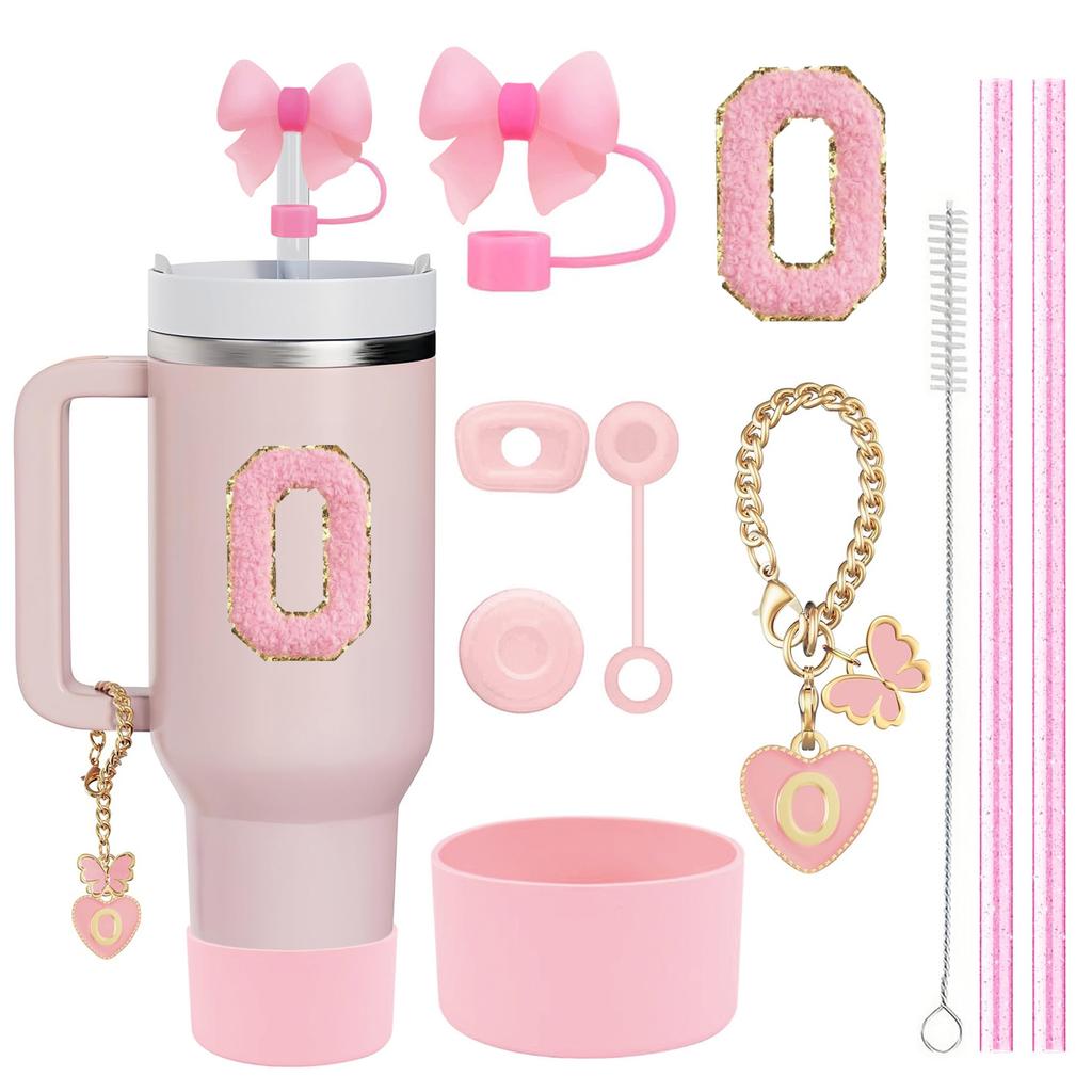 10PCS Accessories Set for Stanley Cup, 2 Straw and Brush and 1 Flower Charm Chain 3 Spill Proof Stopper Flowers Straw Cover Boot