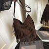 New Fashion Suede Bucket Bag for Women Soft Touch Fringe Crossbody Shoulder Purse Trendy Casual Handbag