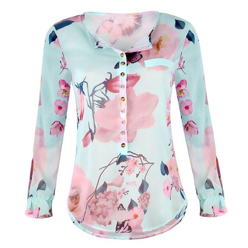 Premium Quality Chiffon Women Casual Floral Printed Buttons T-shirt Irregular Tops Blouse