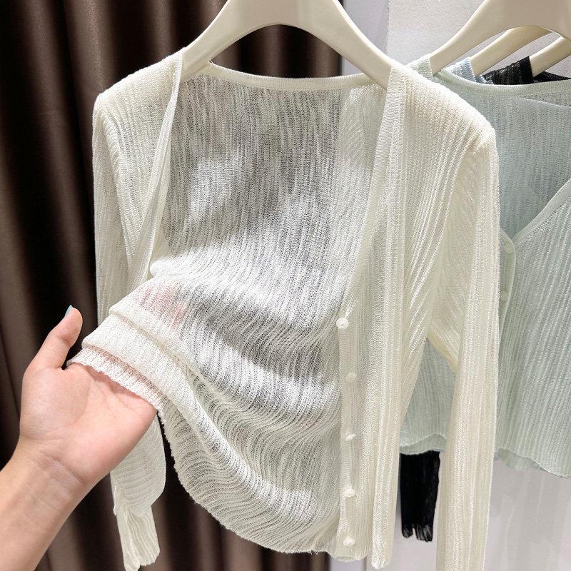 Korean Style Ice Silk Knit Women’s Cardigan & Camisole Set - Summer 2026 Button Shawl Dress Cover-up