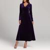 Women's Fashion Casual V-neck Velvet A-line Dress With Elegant Long Sleeves, Solid Color