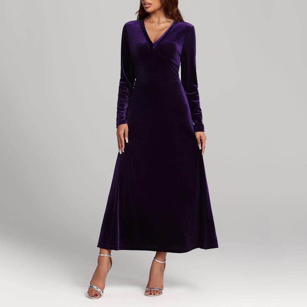 Women's Fashion Casual V-neck Velvet A-line Dress With Elegant Long Sleeves, Solid Color