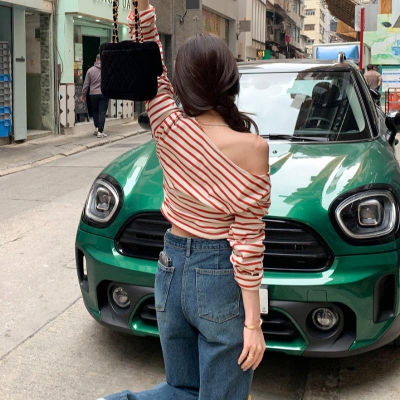 Women's South Korean Chic Stripe Fit Off-the-Shoulder Long Sleeves Shirt Slim Slimming Inner Wear Bottoming Shirt Retro Lady