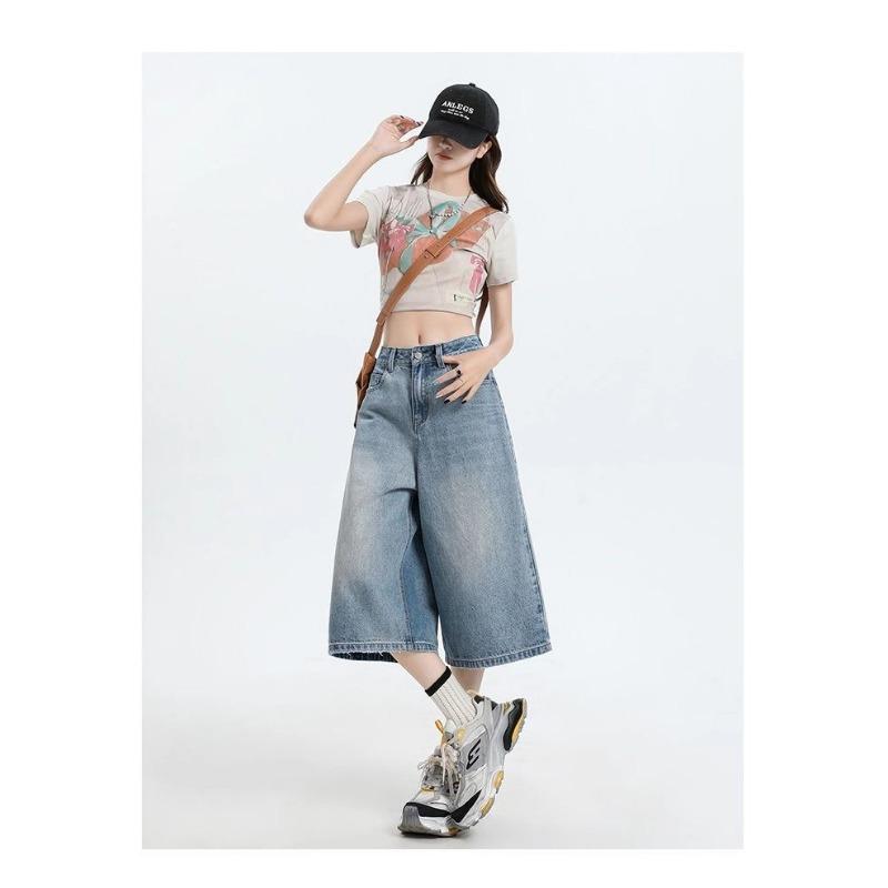 Women High Waist Wide Leg Denim Culottes Casual Light Blue Jeans