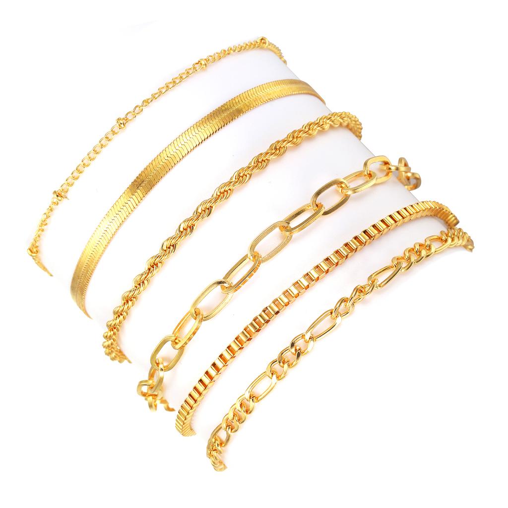 6 Pieces Fashionable 14K Gold Plated Bracelet Set Accessory for Women Thin Cuban Link and Paperclip Chain Designs