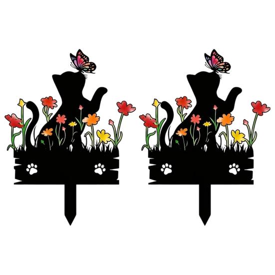 Metal Free Garden Stake Acrylic Kitten Silhouette Stake, Decorative Yard Sculpture with Flowers And Weatherproof Statue Butterflies, Waterproof