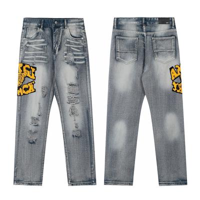 M14 Men's and Women's American Style Trendy Jeans with Fabric Patches, Holes, Embroidery, Casual and Fashionable High Street Pants