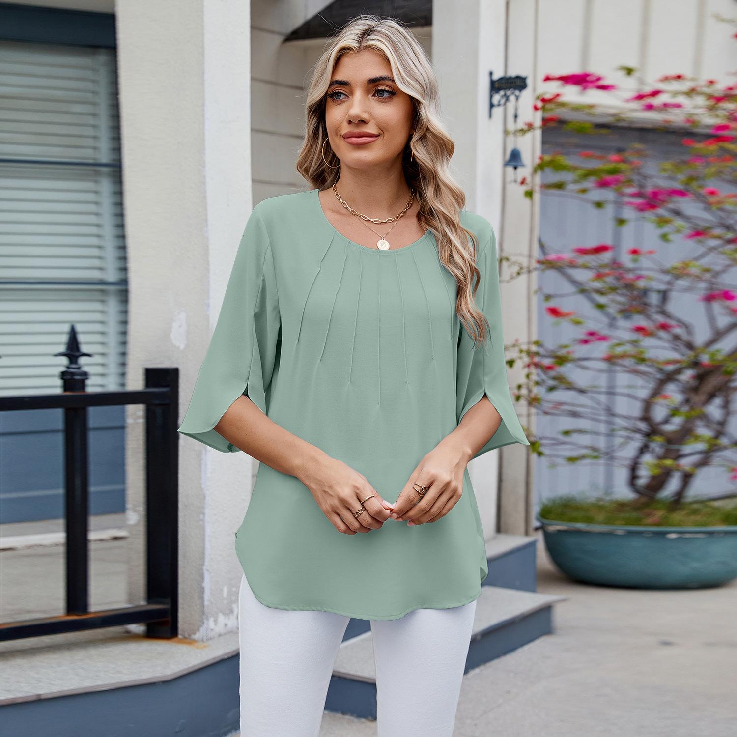 

YYFS женские модные повседневные летние весенние однотонные блузки и рубашки с короткими рукавами и круглым вырезом с принтом XXL