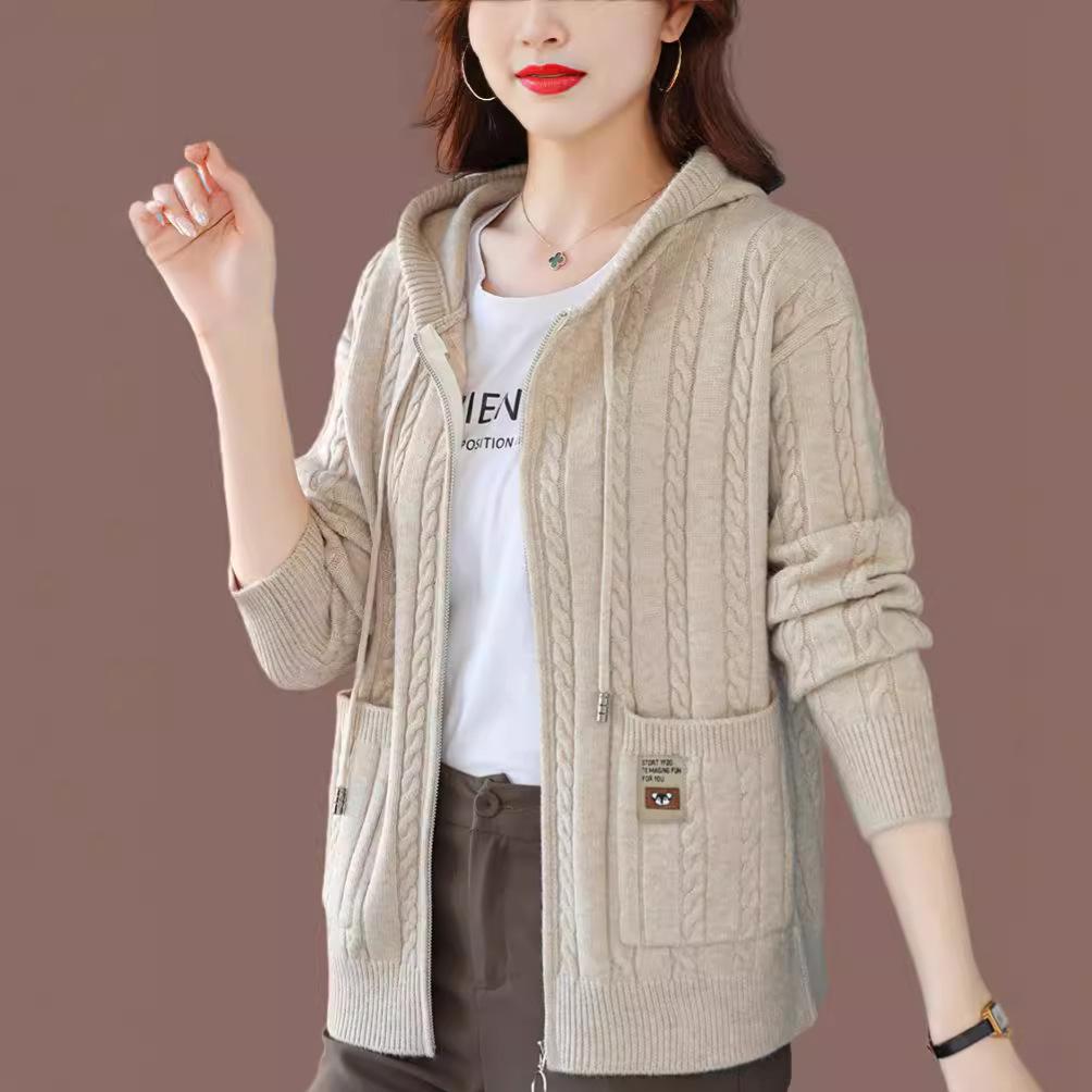 Hooded Knitted Jacket for Women Versatile for Autumn and Winter Loose Solid Color Sweater Jacket Autumn and Winter Sweater Cardigan for Women
