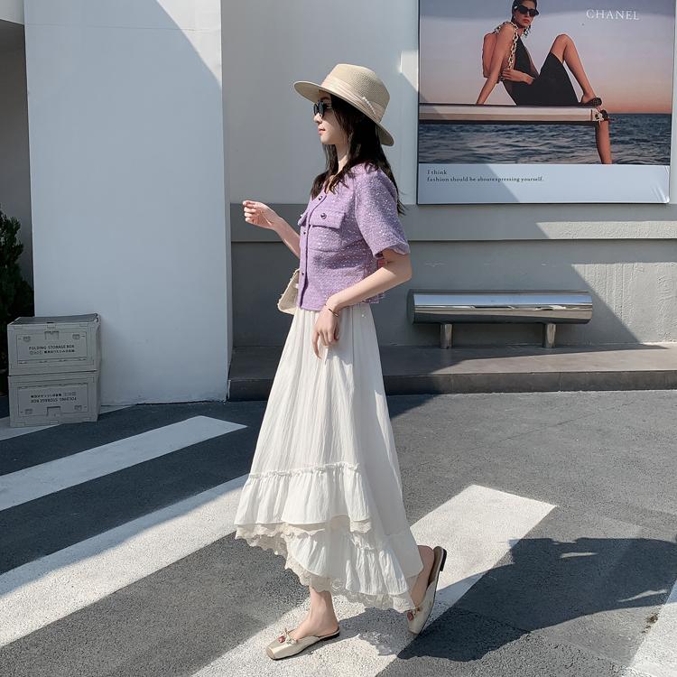 Elegant Lace Trim A-Line Skirt – Summer Women's Asymmetrical Flared Hem Maxi Swing Skirt with Draped Sweet Design