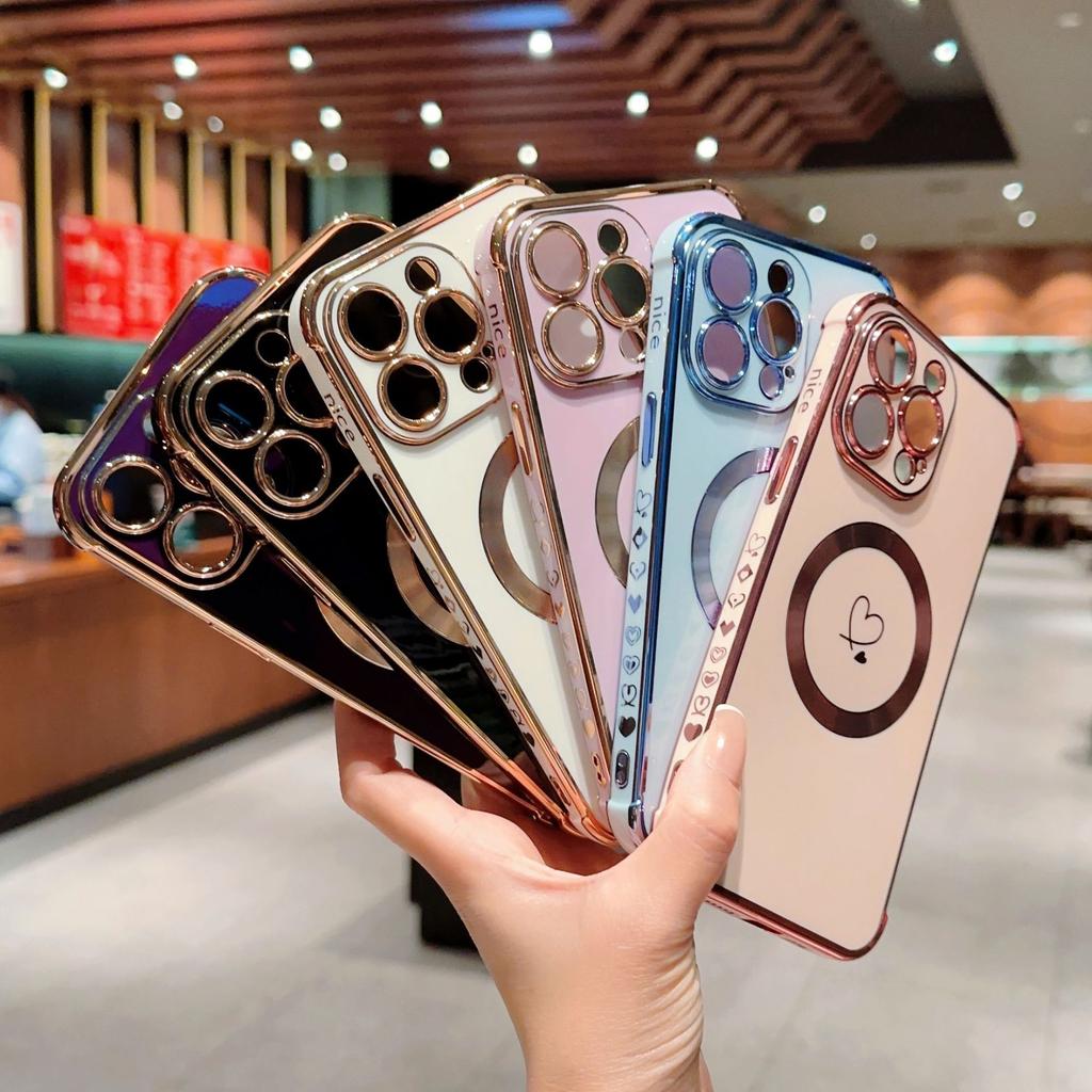 Applicable To iPhone17Promax Electroplating Double Love Mobile Phone Case Apple 16Pro Magnetic Anti-drop 15 Protective Case