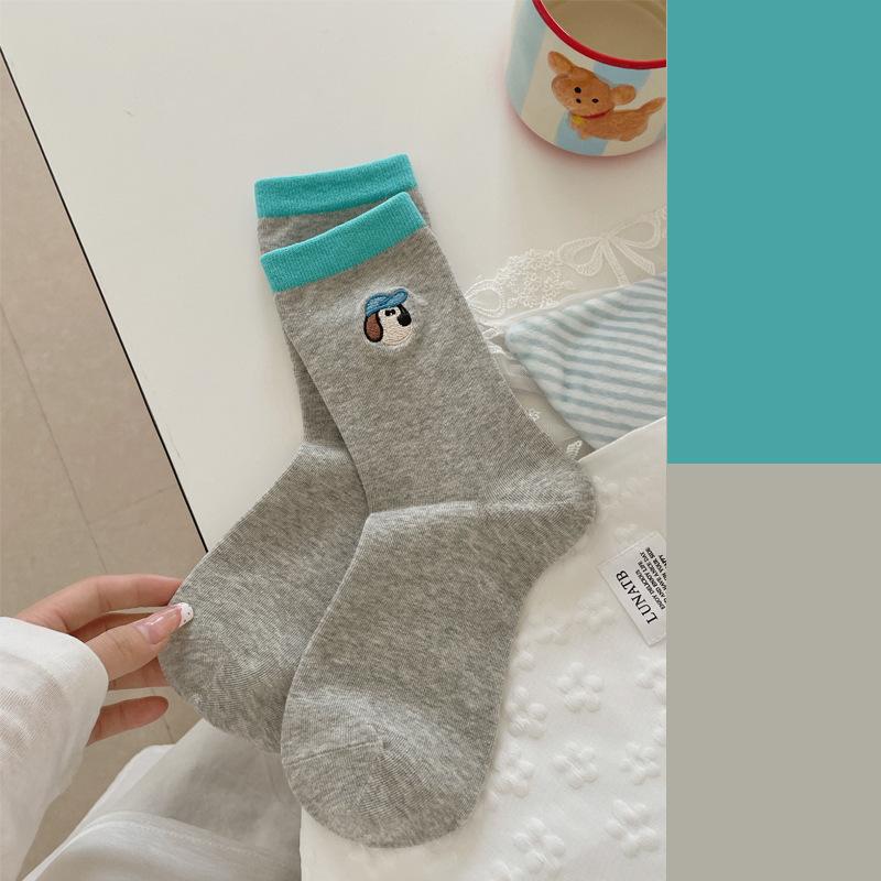 Cartoon Embroidered Socks, Cute Girl Puppy Mid-calf Socks, Autumn Color-blocking Pile Socks, Boneless Socks
