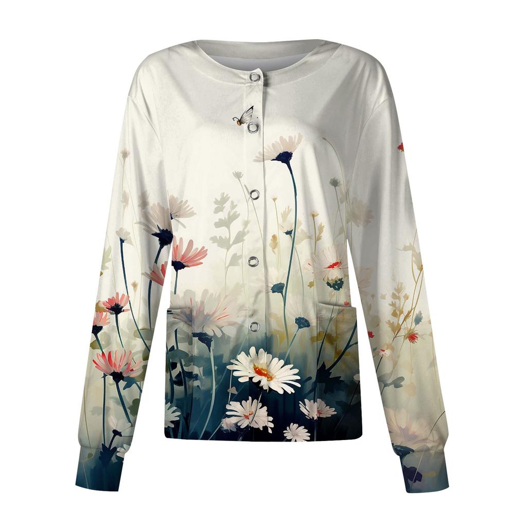 Women Long Sleeve Pattern Pocket Working Stand-up Collar Single-breasted Protective Overalls Cardigan Jacket Top