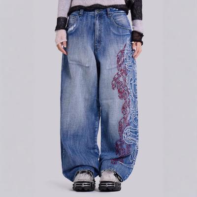 Jean Baggy Brodé Américain Y2K Unisexe High Street Femme Vintage Hip Hop Décontracté Joker Couple Pantalon en Denim Large