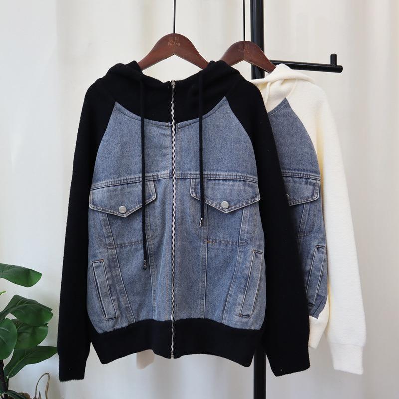 Autumn and winter new hooded splicing denim sweater jacket zipper knitted double-sided cardigan women