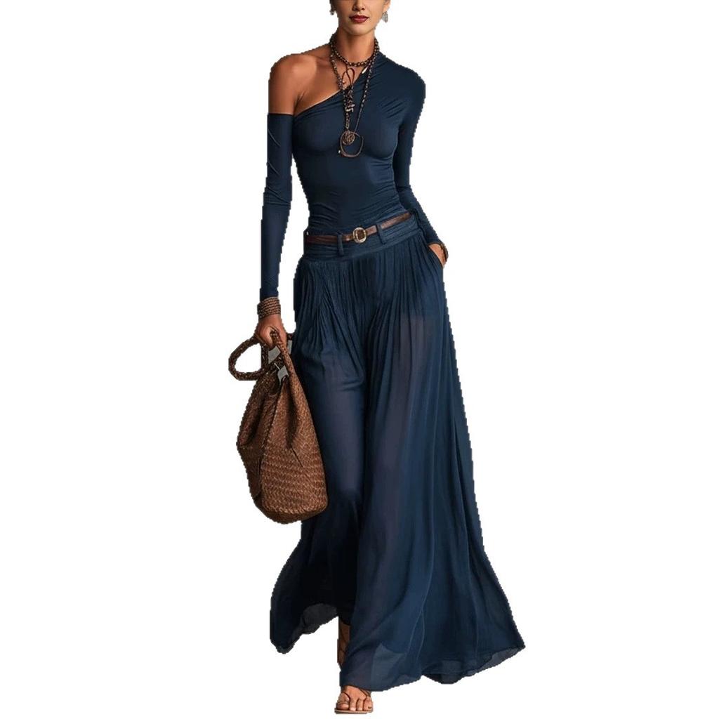 2026 European and American new solid color simple slanted shoulder long sleeve casual suit fashionable and comfortable long dress including belt