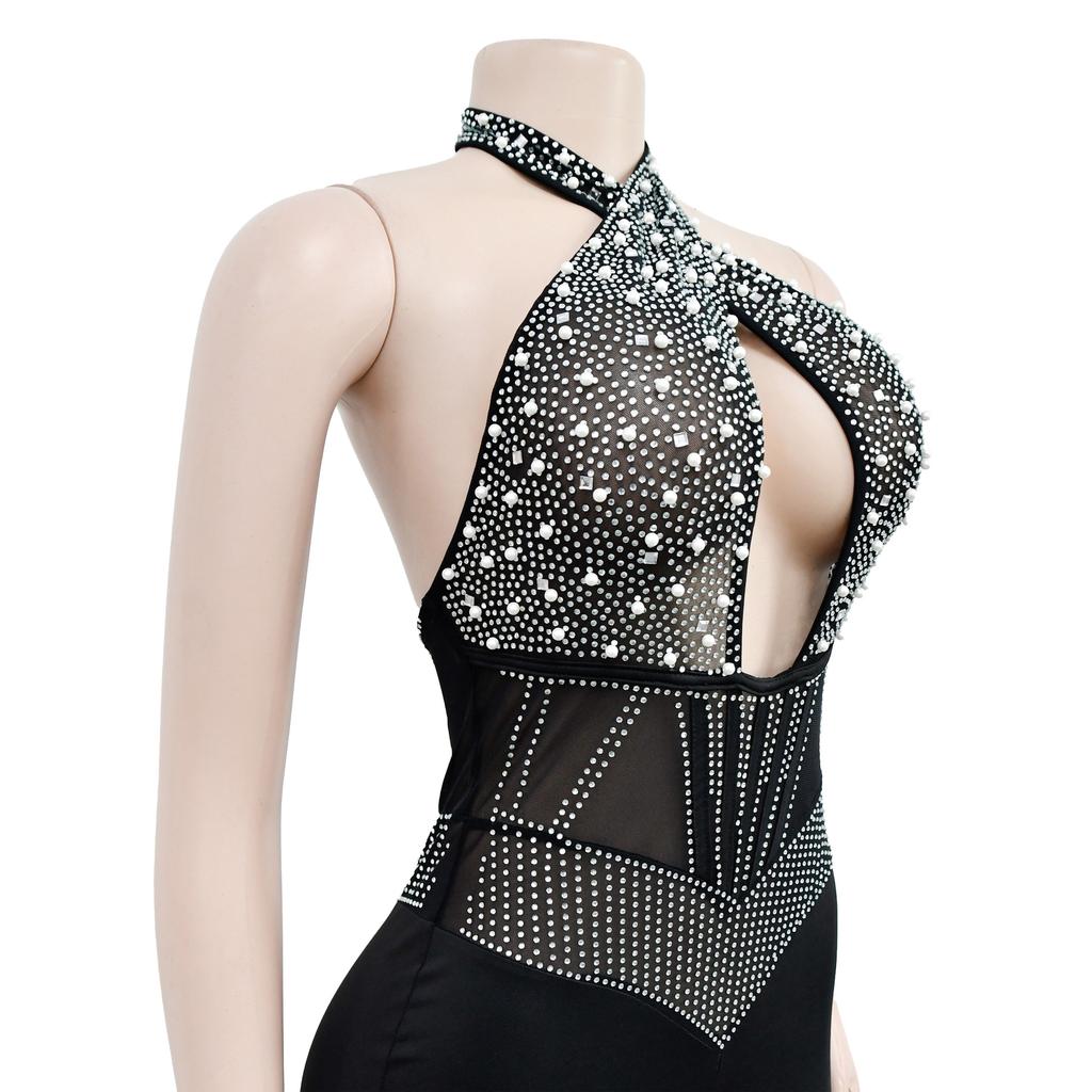 Fashion Women's Mesh Drilling Bubble Beads Sleeveless Shorts Jumpsuit