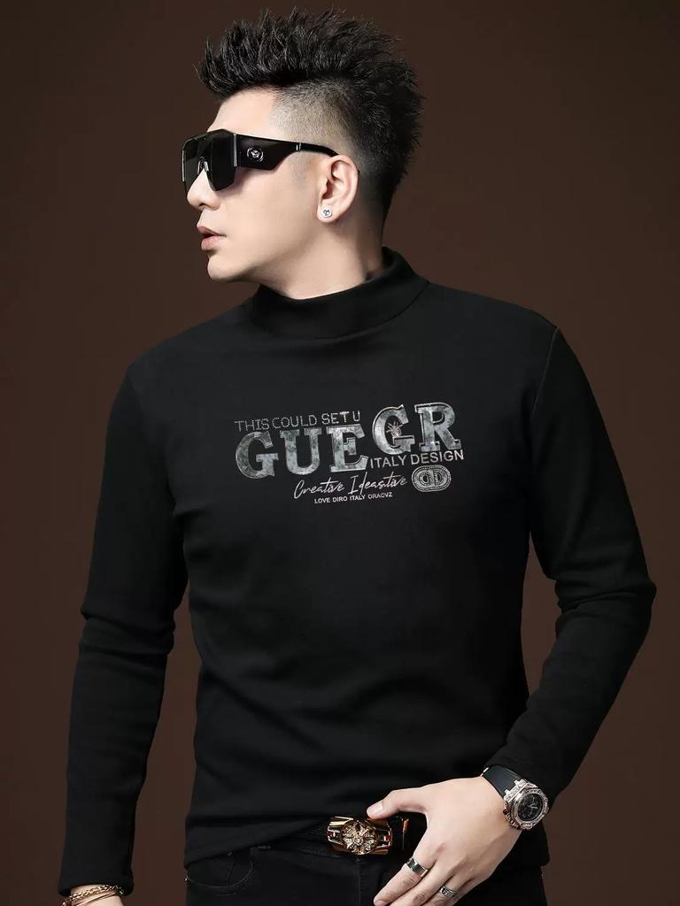 European Style Half-Turtleneck Base Shirt for Men, Autumn and Winter Style, Fleece-Lined Long-Sleeve T-Shirt, Trendy Letter Print, Casual Sweatshirt