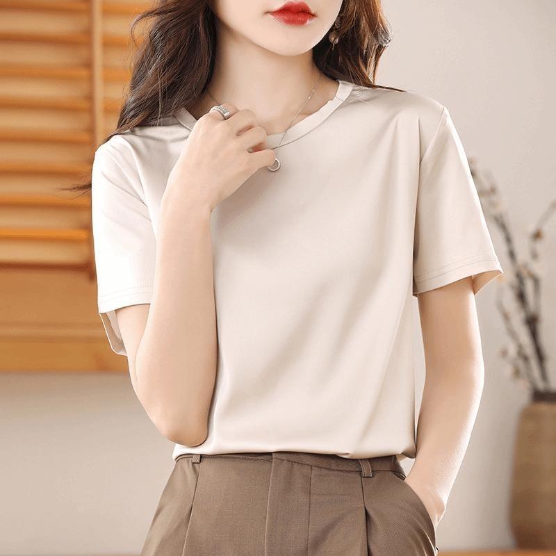 T-shirt estiva da donna in raso acetato girocollo manica corta seta di gelso tinta unita girocollo allentato mezza manica semplice seta liscia