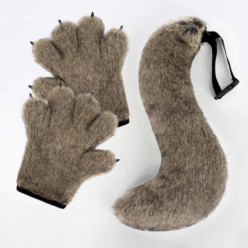 New Halloween gloves: wolf claw plush, realistic tail, warm gloves, animal tail cosplay Accessories and props