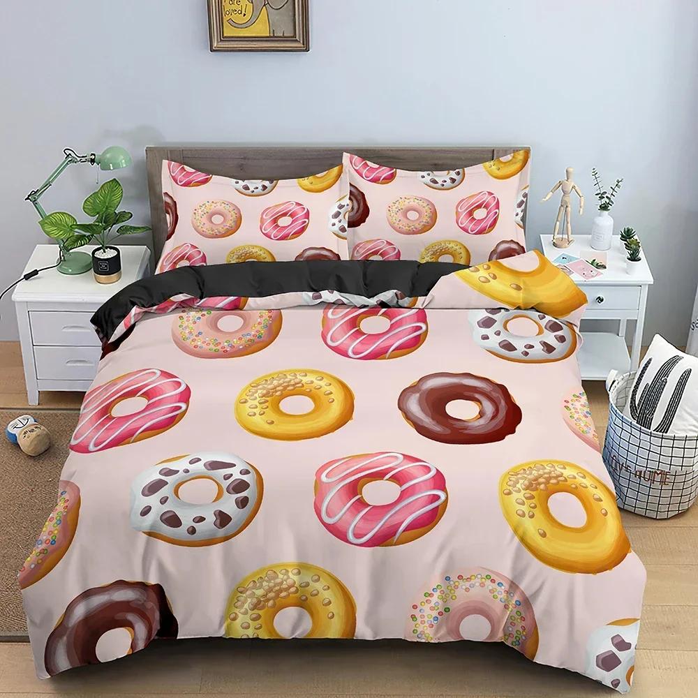 Donut Print Comfortable Duvet Quilt Cover Pillowcase Bedding Set Children Bedroom Decoration Home Textile