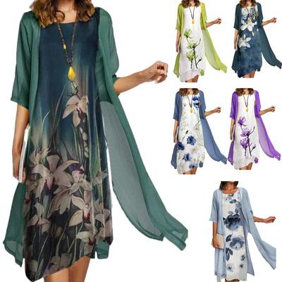 Plus Size Fashion Damen Bedrucktes Partykleid 2-teiliger Cardigan Eleganter Rundhals-Maxikleid Lässige lange Chiffon-Kleider Mode-Sets