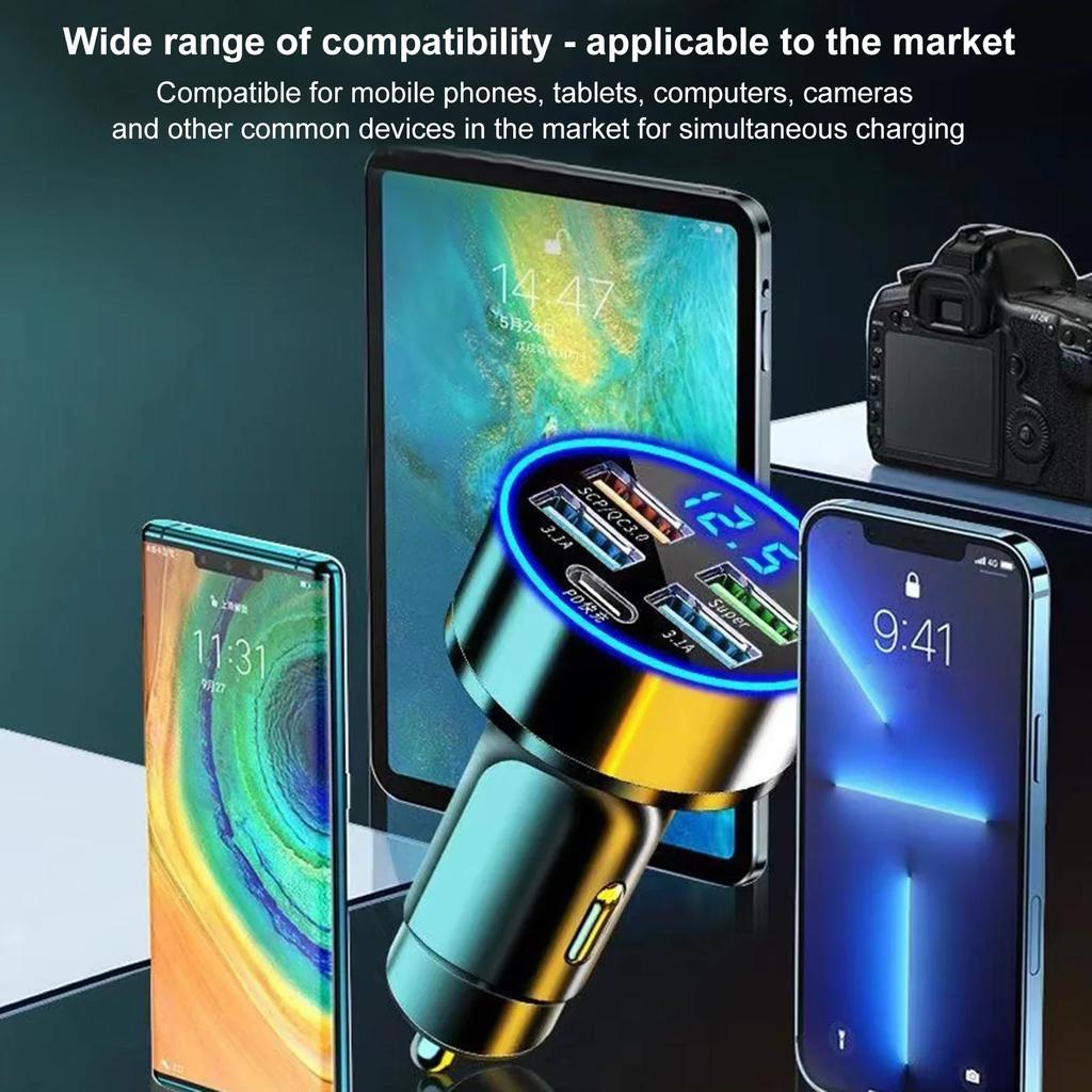 250W Super Fast Charging Car Charger 5-in-1 Adapter Charging Head Converter 4USB+PD Mobile Phone One Tow Three