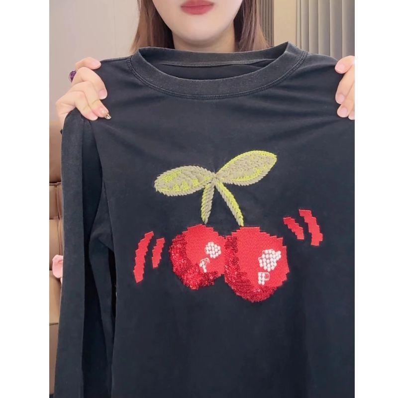 

Plus Size Velvet Cherry Embroidery Long Sleeve Women s Top - Autumn/Winter 2025 M чёрный