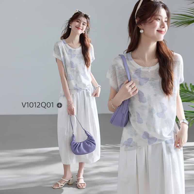 VICTORIA&VERA Sheer Butterfly Tie-Dye Knit T-shirt