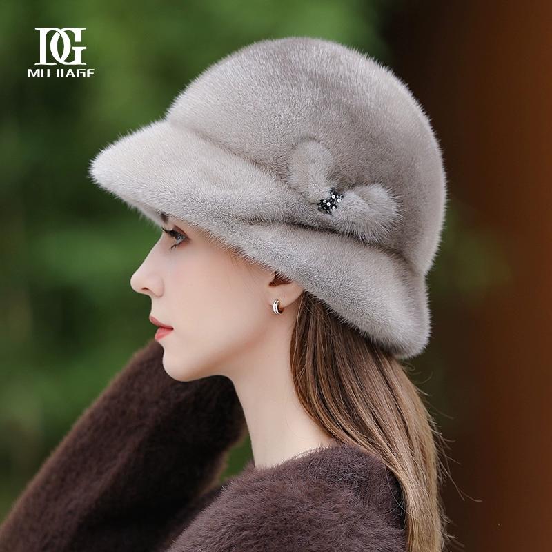 

Шапка для девочки зимняя новая норковая шея цельная норковая меховая шапка-ведро теплая универсальная иностранная меховая шапка для матери L（58-60cm）