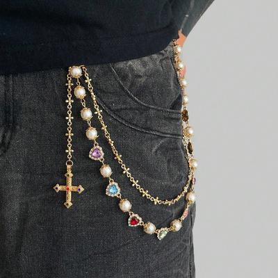 1 szt. Vintage Elegancki Minimalistyczny Wielokolorowy Kryształowy i Sztuczny Perłowy Łańcuszek do Spodni, Męski Punk Hip Hop Łańcuszek na Ciało, Do Dekoracji Spodni