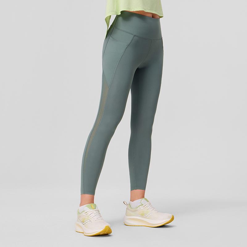 Saucony Logo Letter Splicing Mesh Design High Waist Fitness Sports Long Pants Women bottoms Grass-Green SC1249130B-GE25