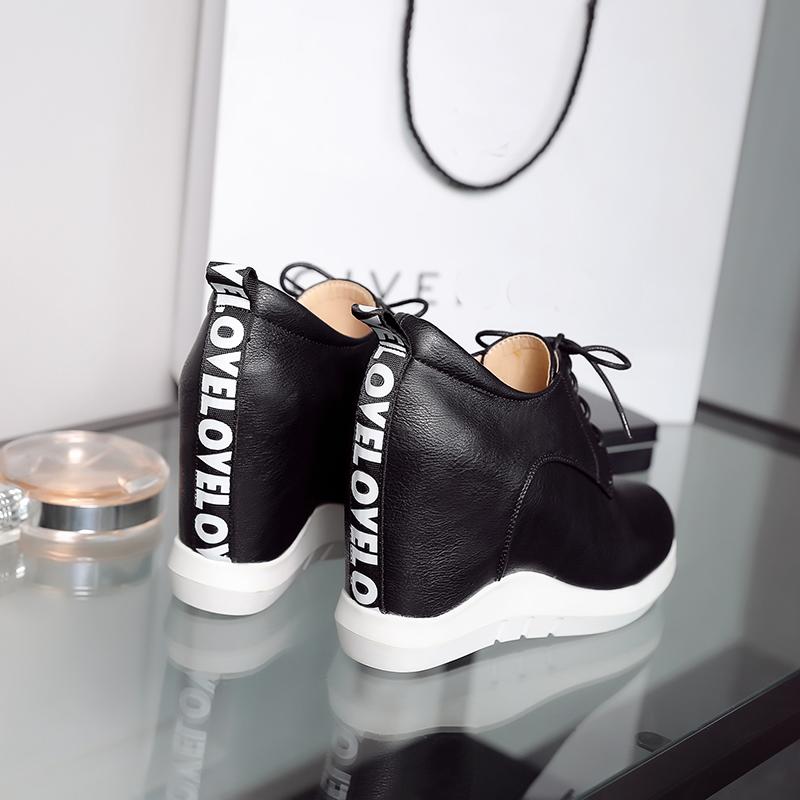 Women's Slope Heel Single Shoes Spring and Autumn Inner Height Increase Casual Lace-up Low-top Shoes