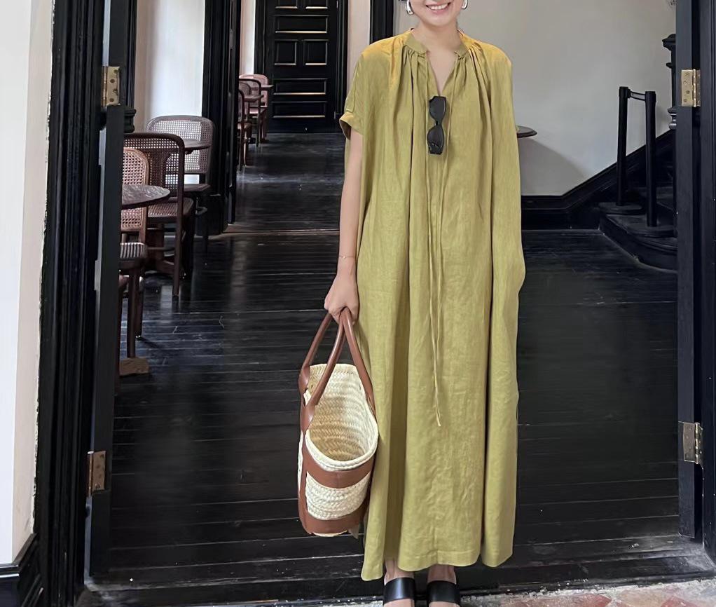 Women's French Linen Pleated Smock Dress