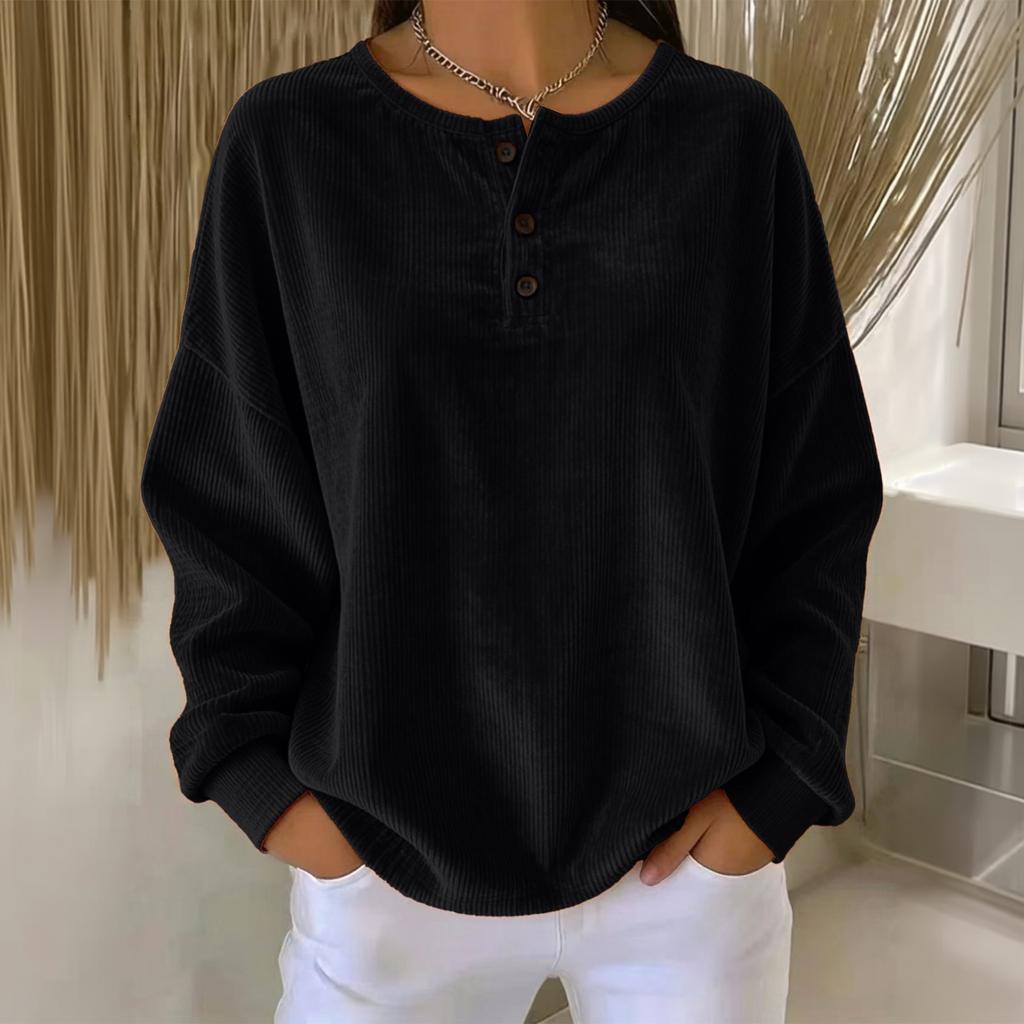 Women's Casual Long Sleeve Button Down Round Neck Loose Fit Top