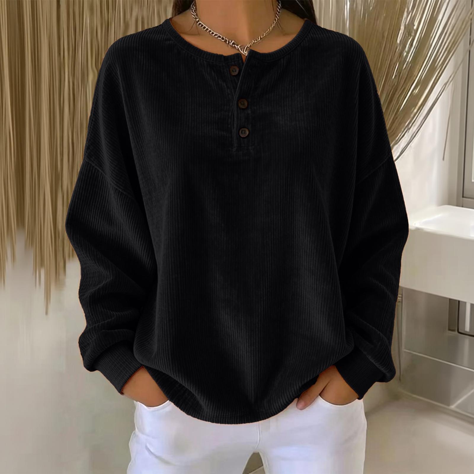Women s Casual Long Sleeve Button Down Round Neck Loose Fit Top L