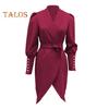 Women Formal Dress Business Style Turn-down Collar Long Sleeve Pure Color Slim Fit Lace-up Cross Cardigan Dress Spring Midi Dress OL Commuting Dress