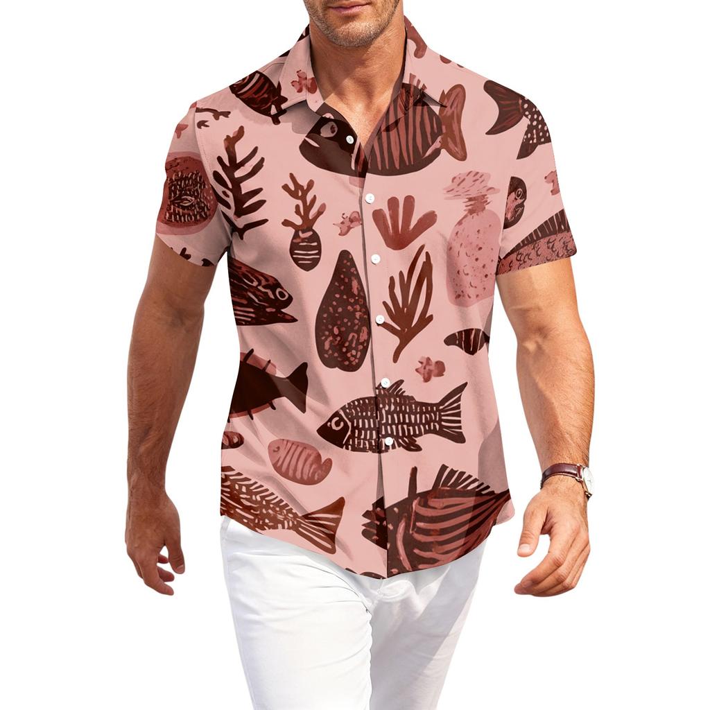 Men's Casual Loose Fit Short Sleeve Hawaiian Shirt Button Down Beach Shirt with Tropical Print Summer Top
