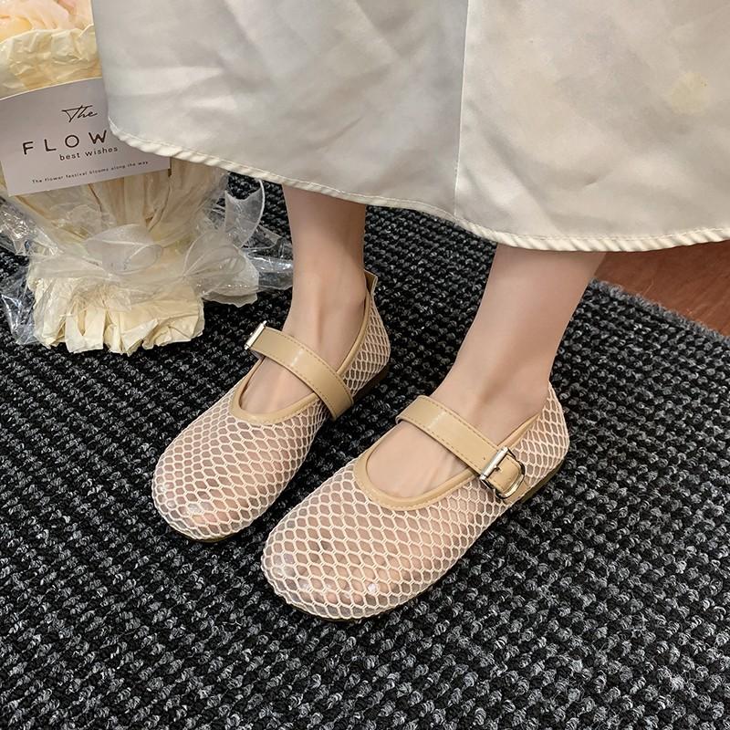 Lazy Wind Inner Height Increase Hollow Breathable Bag Head Half Slippers Women Summer Wear a Pedal Mary Jane Flat Bottom Fishing Net Shoes