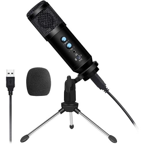 DEARING Condenser Microphone, Tabletop, Tripod, One-Click Mute, Noise Reduction, Volume Control, Earphone Monitor Function, Unidirectional, PC Microph