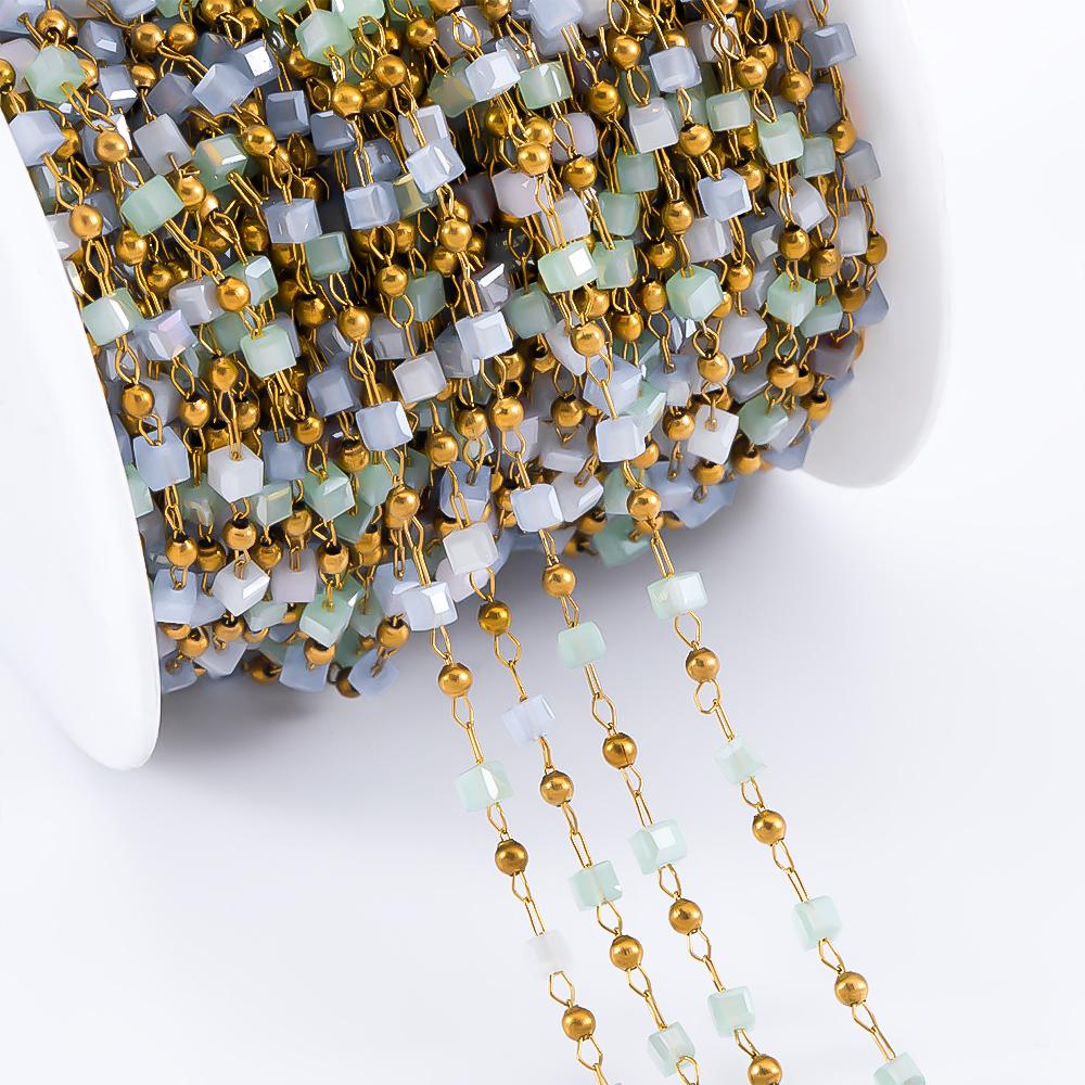 

0.5M 1M Stainless Steel Chain Four Crystal Stone Beads & Metal Ball Chain for Body Jewelry Making DIY Necklace Bracelet Supplies 0.5meter