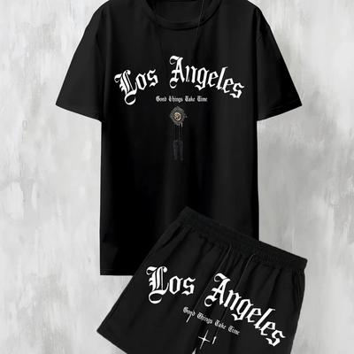 New Men's Casual Los Angeles Letter Printed Comfortable Breathable T-shirt Shorts Set Outdoor Comfortable Two Piece Set
