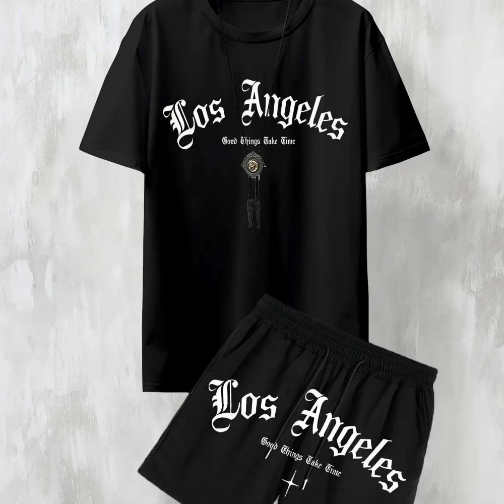 

New Men s Casual Los Angeles Letter Printed Comfortable Breathable T-shirt Shorts Set Outdoor Comfortable Two Piece Set S