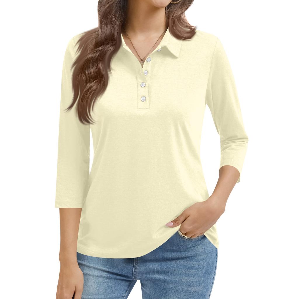 Women's Fashion Casual Lapel Short 3/4 Sleeve Color Shirt Women's Button Up Tops