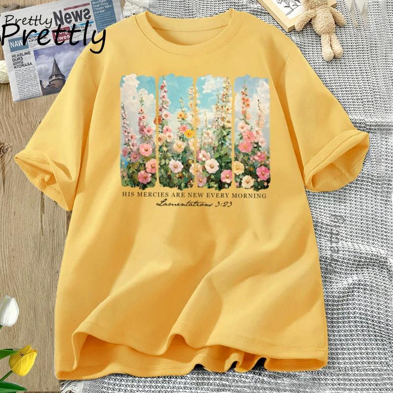 Retro Flower Print Cotton Clothing T-Shirt for Woman Are New Every Morning T Shirt Cozy Tee