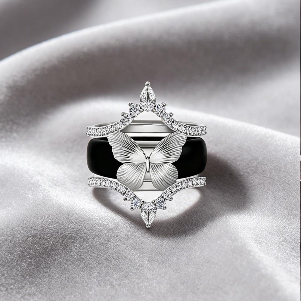 s Butterfly Zircon Ring Set Black Silicone Band Crown Stackable Engagement Rings for Women Luxury Bridal Wedding Jewelry