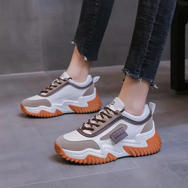 Women Mixed Color Chunky Platform Sneakers Spring Fashion Thick Soled Vulcanized Shoes Woman Lace Up Increase Casual Sports Shoe