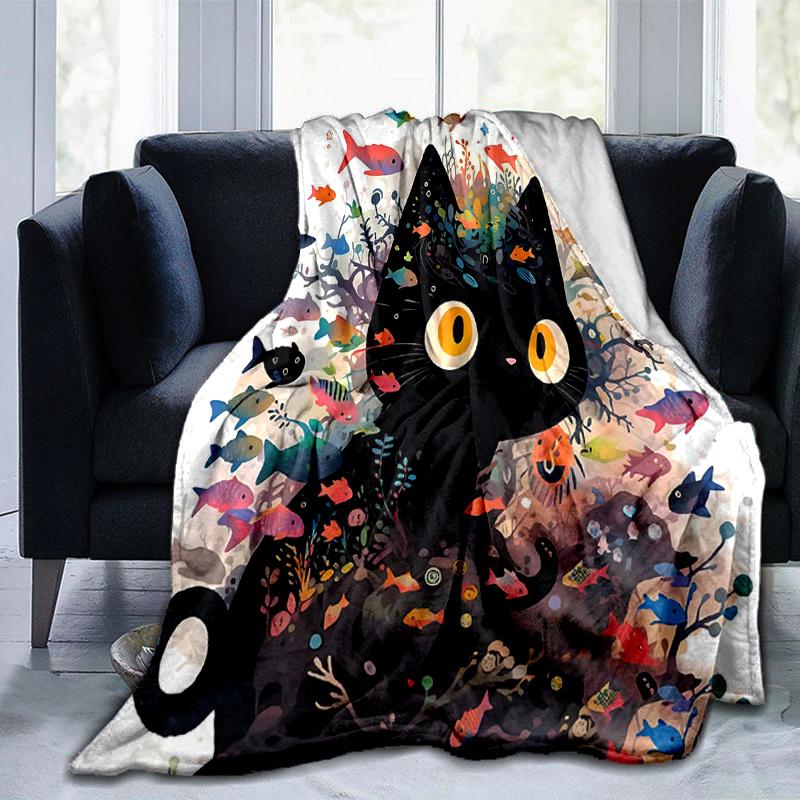 1pc Colorful Fish & Kitten Blanket  Soft Throw for Home Decor, Gift Idea, Living Room, Travel, Camping, Car Blankets